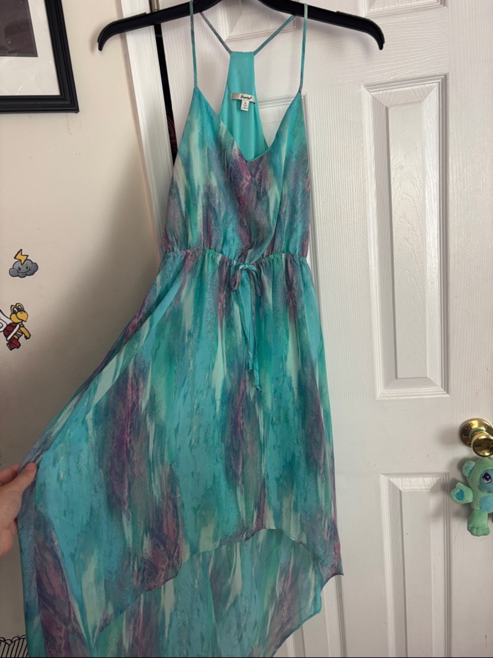 Papaya Teal and Purple Watercolor High-Low Spaghetti Strap Dress